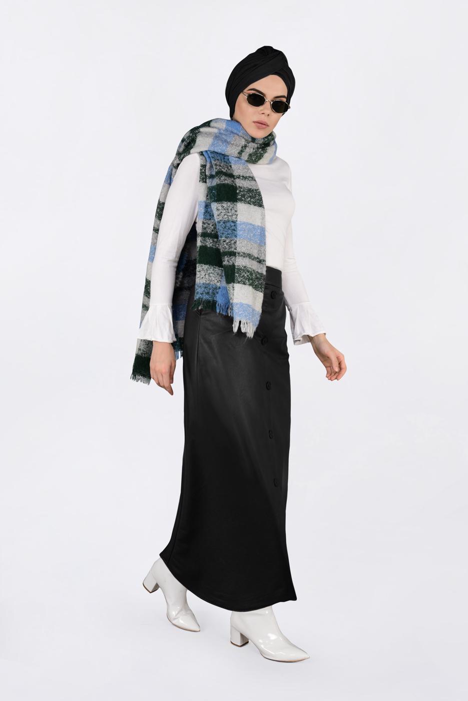 Tesettür giyim SİYAH DÜĞMELİ DERİ ETEK 6282