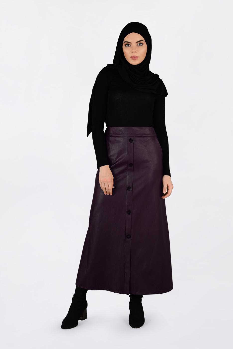 Tesettür giyim BORDO DÜĞMELİ DERİ ETEK 6282