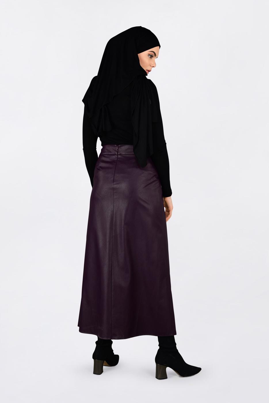 Tesettür giyim BORDO DÜĞMELİ DERİ ETEK 6282
