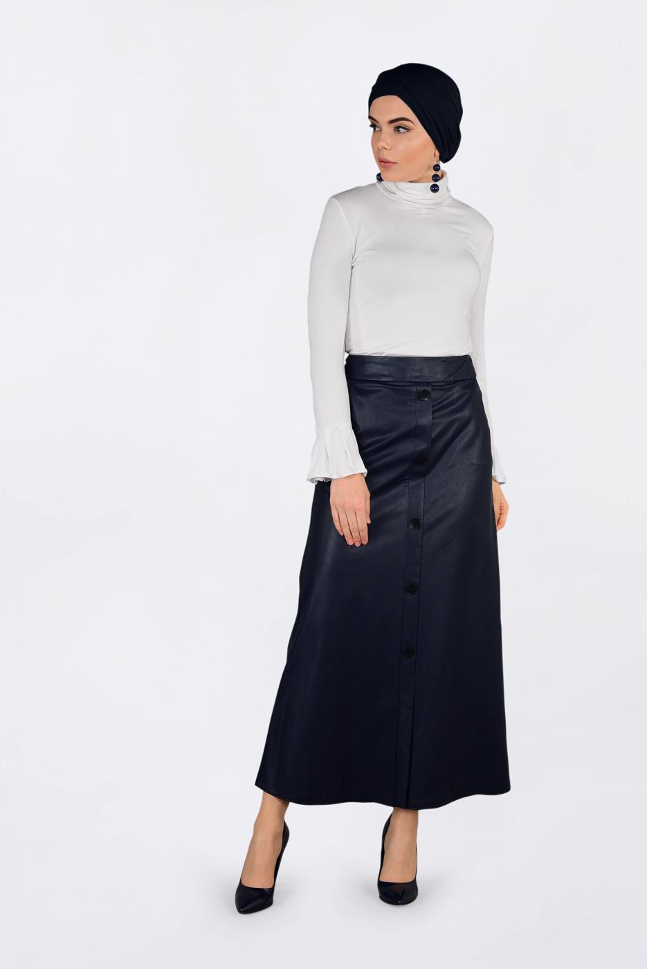 Tesettür giyim LACİVERT DÜĞMELİ DERİ ETEK 6282
