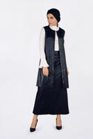 Tesettür giyim LACİVERT DÜĞMELİ DERİ ETEK 6282