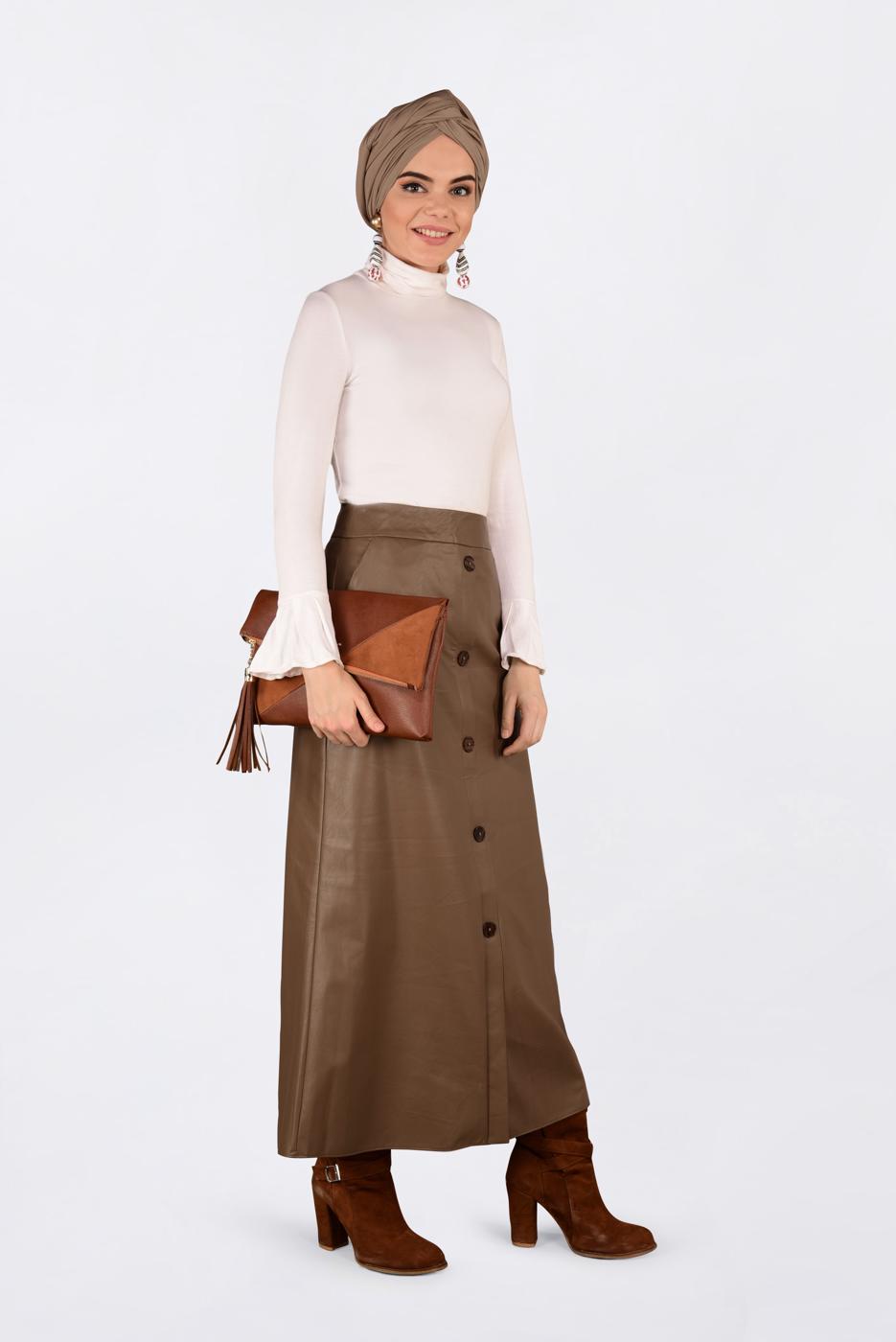Hijab clothing BROWN BUTTONED LEATHER SKIRT 6282 