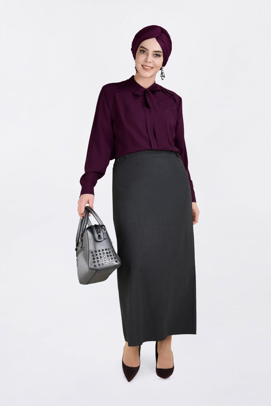 Vêtements hijab GRIS JUPE À BOUTONNÉE AVEC FENTE 6283