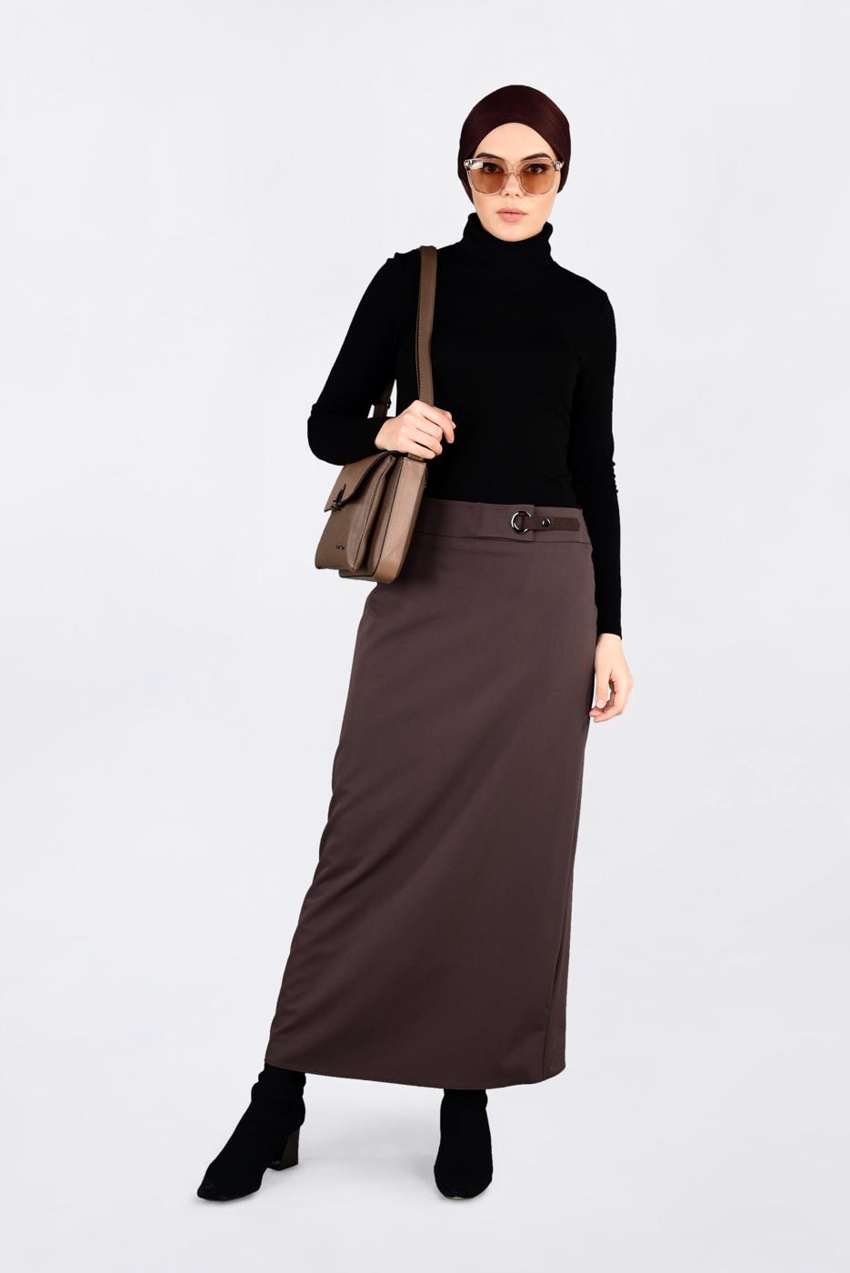 Tesettür giyim KAHVE KUŞ GÖZÜ DETAYLI GİZLİ YIRTMAÇLI ETEK 6288 
