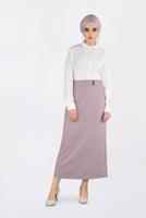 Tesettür giyim BEJ KUŞ GÖZÜ DETAYLI GİZLİ YIRTMAÇLI ETEK 6288 