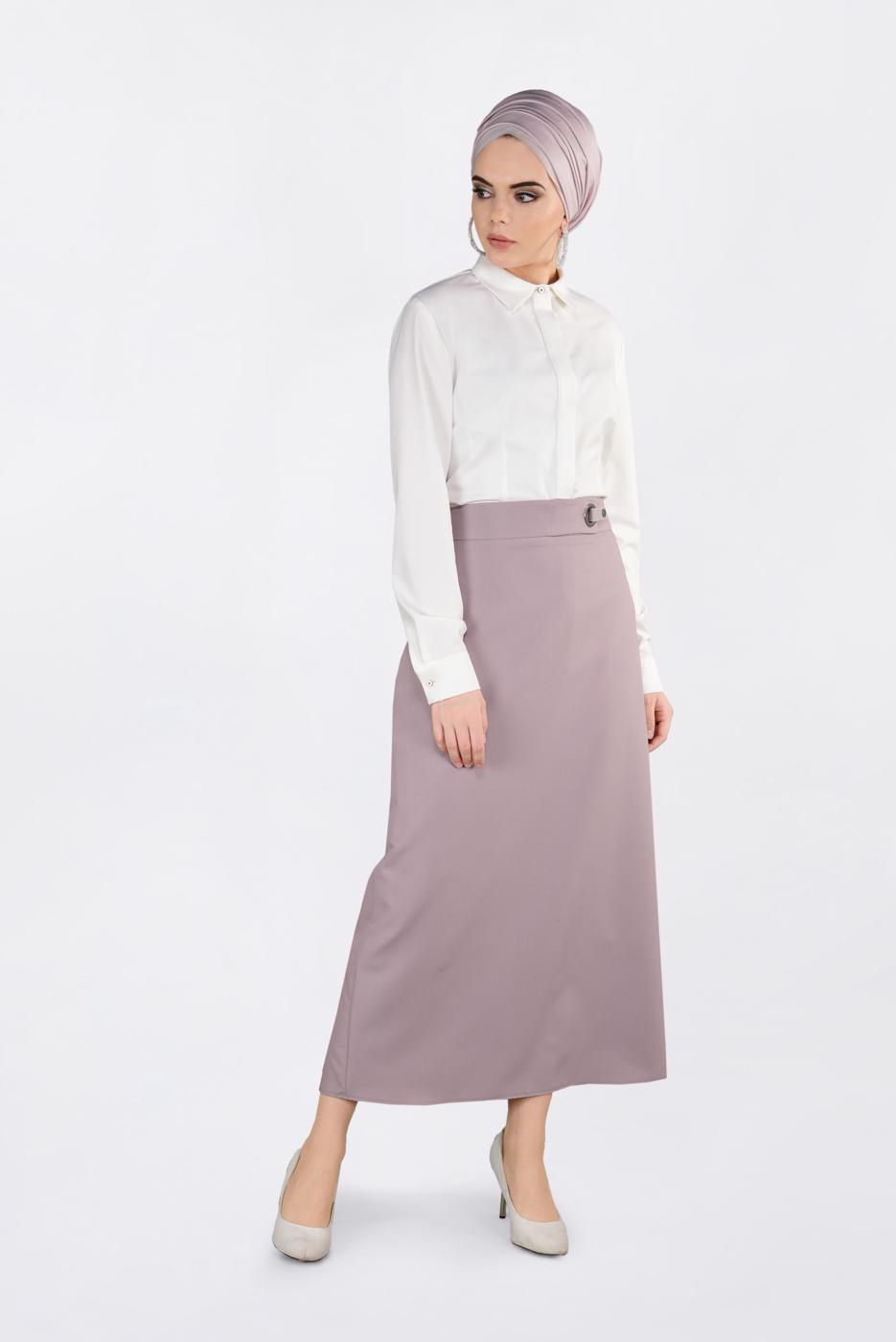 Tesettür giyim BEJ KUŞ GÖZÜ DETAYLI GİZLİ YIRTMAÇLI ETEK 6288 