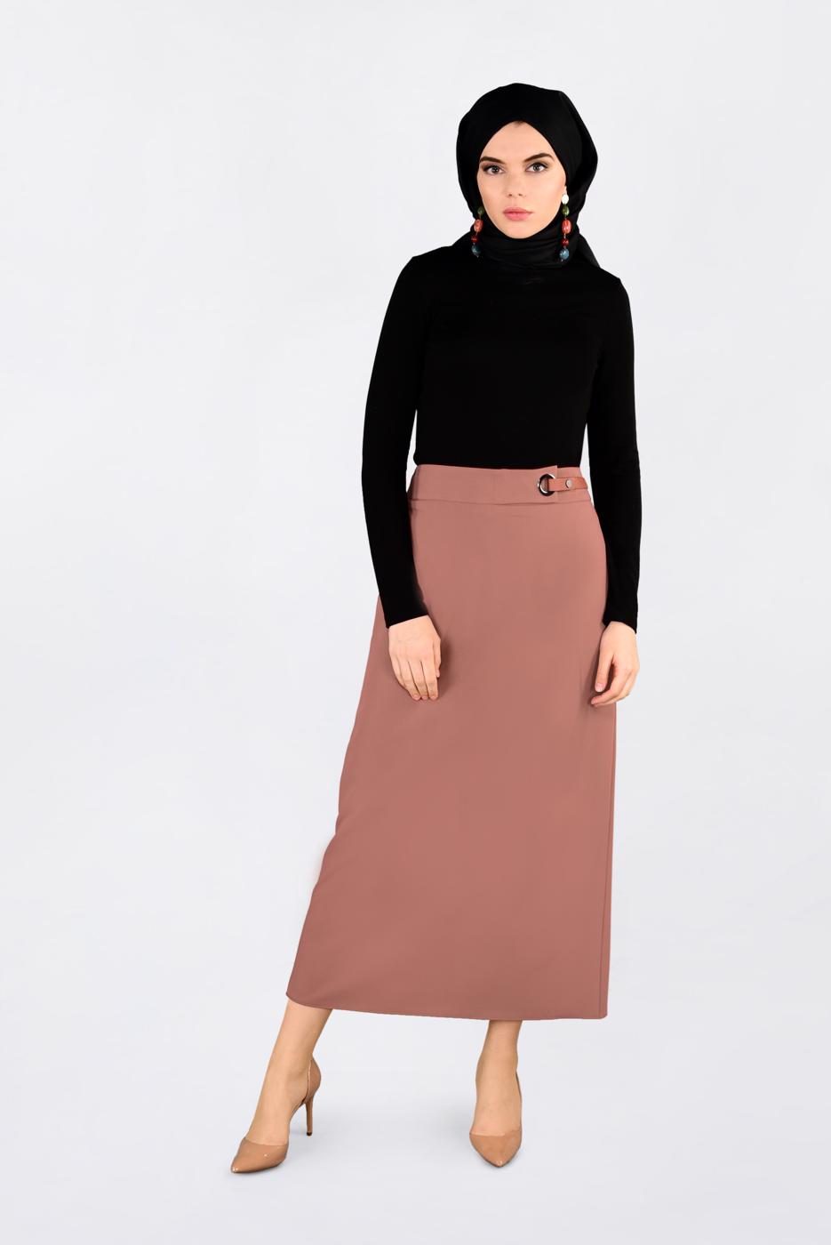 Tesettür giyim TURUNCU KUŞ GÖZÜ DETAYLI GİZLİ YIRTMAÇLI ETEK 6288 