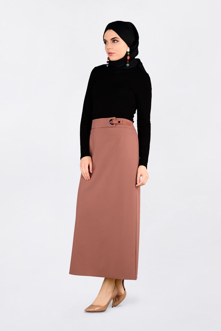 Tesettür giyim TURUNCU KUŞ GÖZÜ DETAYLI GİZLİ YIRTMAÇLI ETEK 6288 