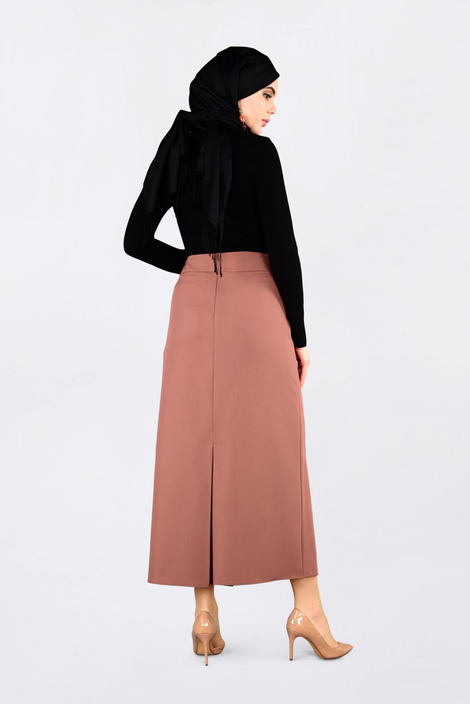 Tesettür giyim TURUNCU KUŞ GÖZÜ DETAYLI GİZLİ YIRTMAÇLI ETEK 6288 