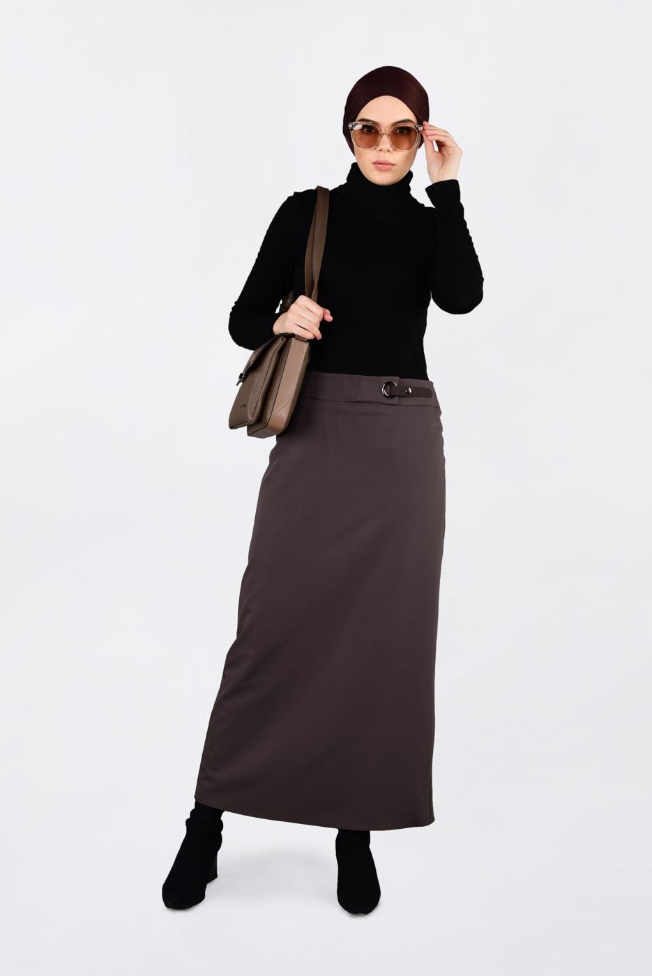 Tesettür giyim KAHVE KUŞ GÖZÜ DETAYLI GİZLİ YIRTMAÇLI ETEK 6288 