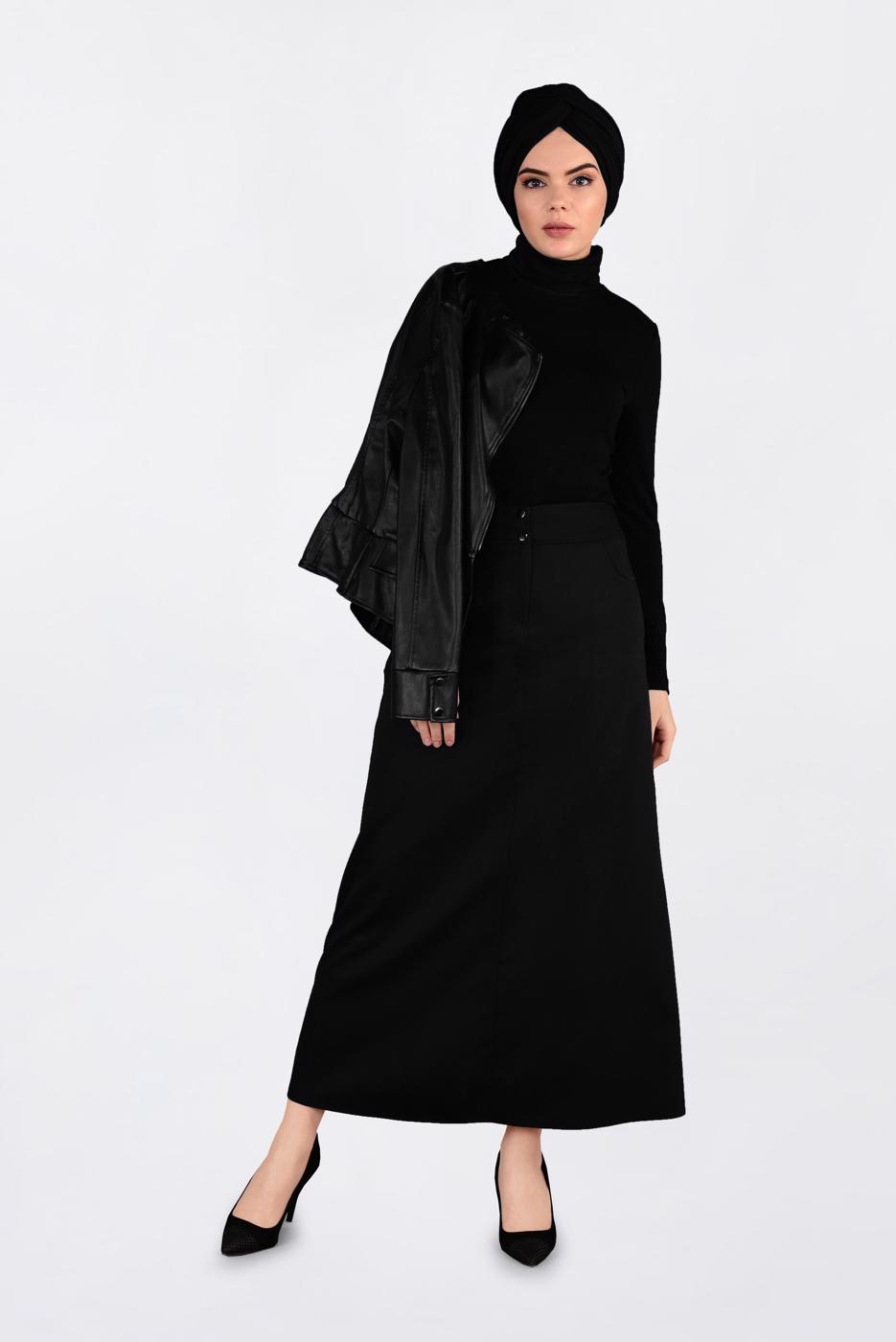 Tesettür giyim SİYAH CEP DETAYLI KLASİK ETEK 6292