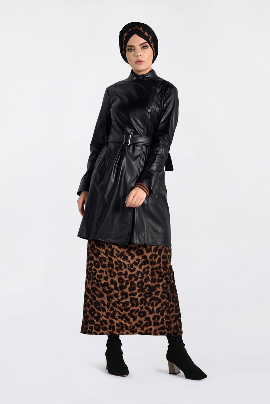 Tesettür giyim KAHVE LEOPAR DESENLİ ETEK 6294 