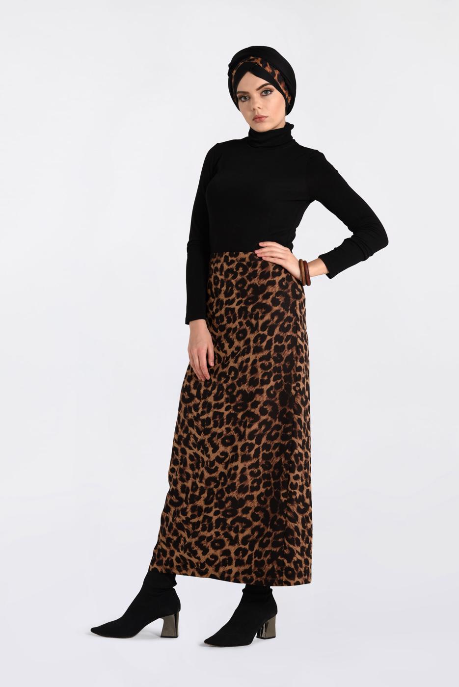 Tesettür giyim KAHVE LEOPAR DESENLİ ETEK 6294 