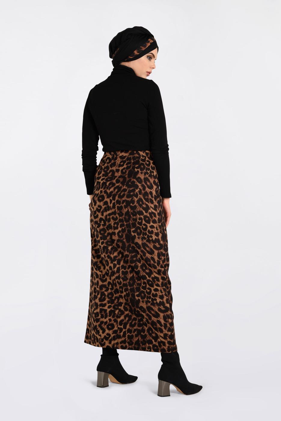 Tesettür giyim KAHVE LEOPAR DESENLİ ETEK 6294 