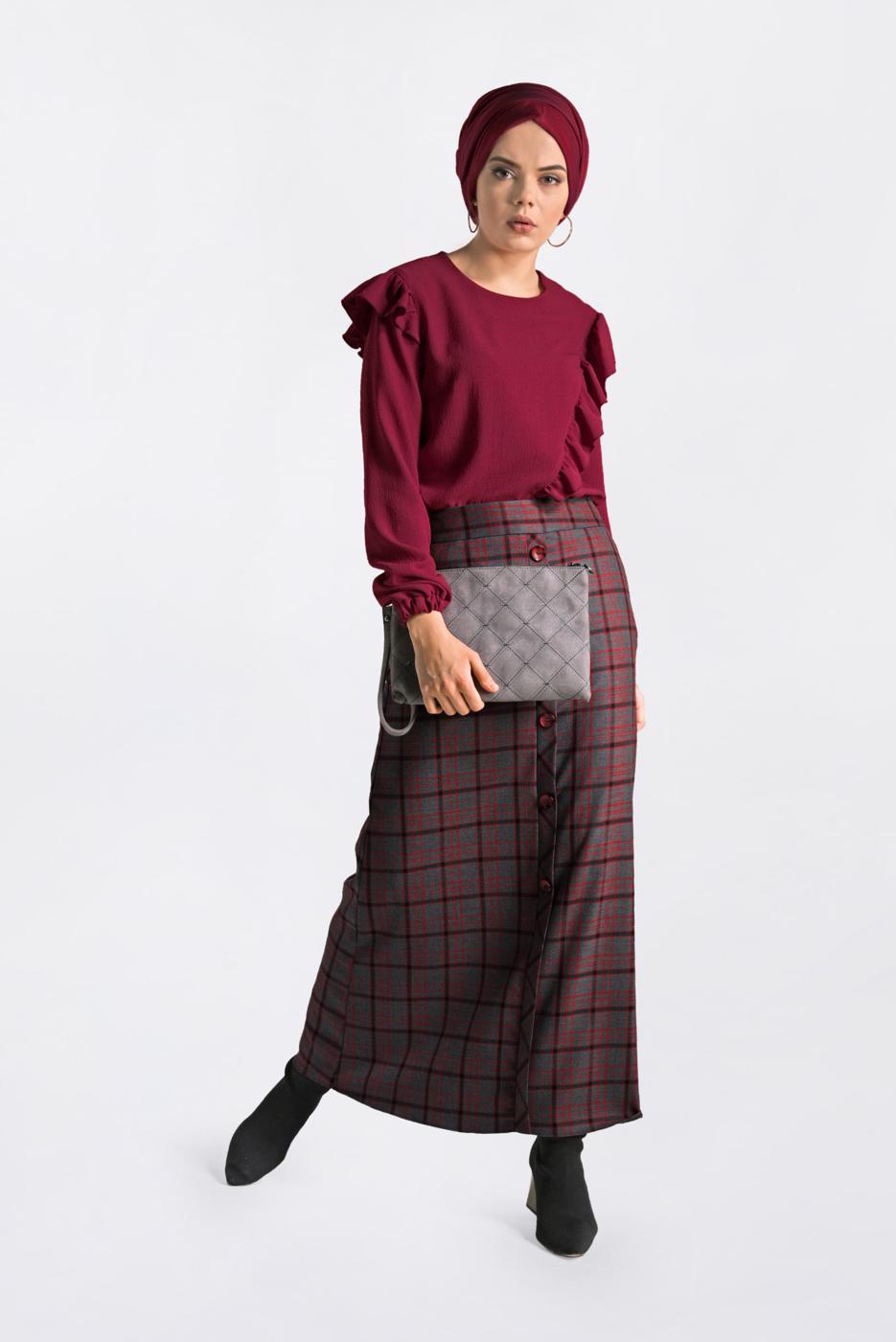 Hijab clothing BLACK BUTTON-TRIMMED PLAID SKIRT 6296 