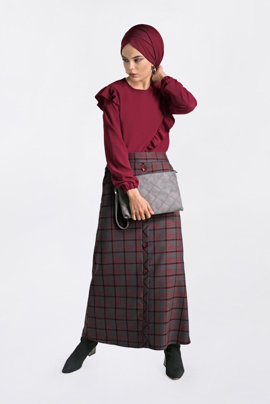 Hijab clothing BLACK BUTTON-TRIMMED PLAID SKIRT 6296 