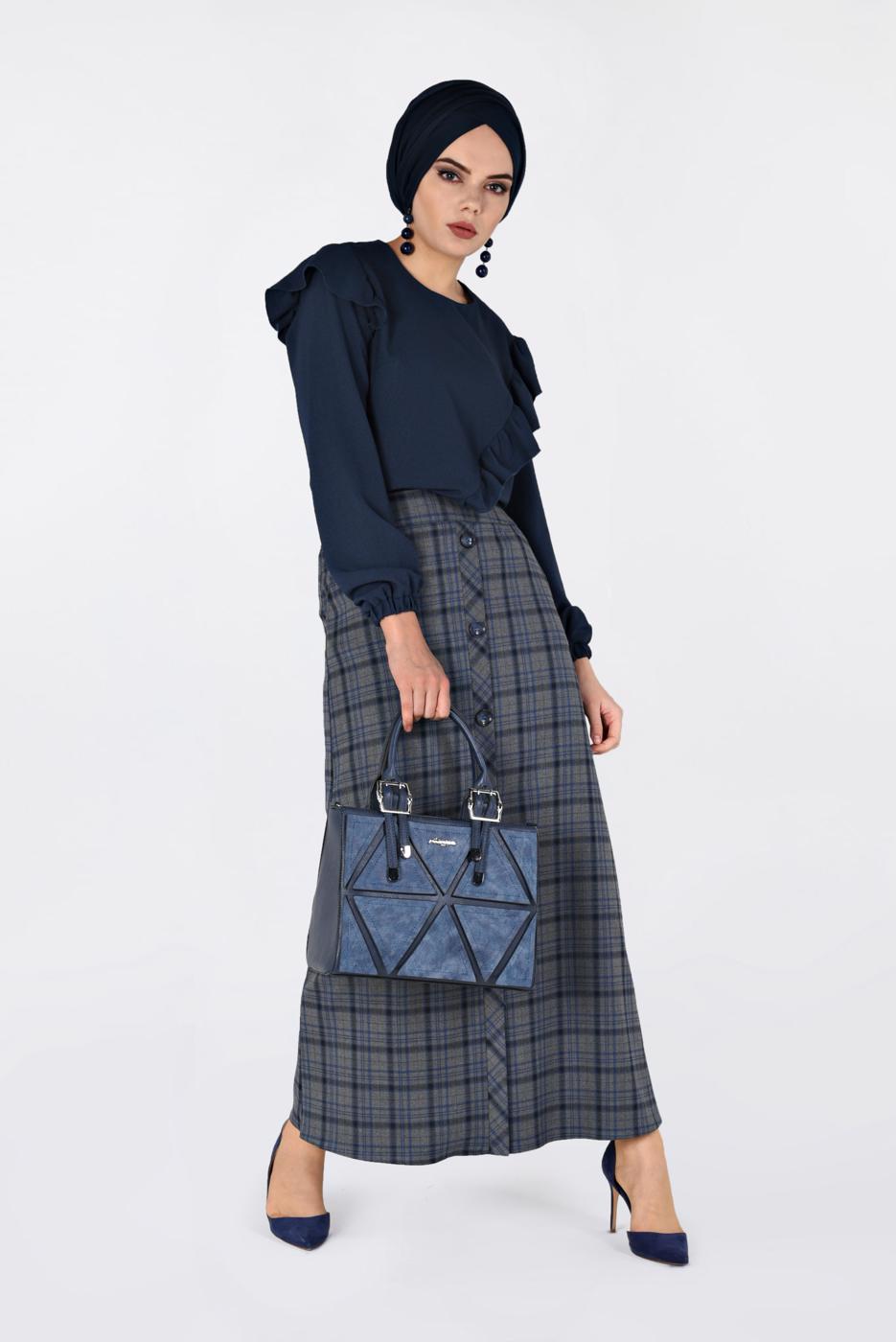 Tesettür giyim GRİ ÖNDEN DÜĞMELİ EKOSE ETEK 6296