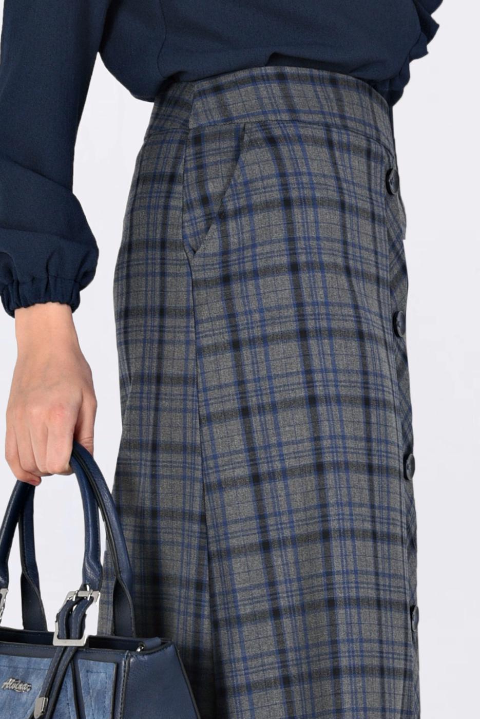 Tesettür giyim GRİ ÖNDEN DÜĞMELİ EKOSE ETEK 6296