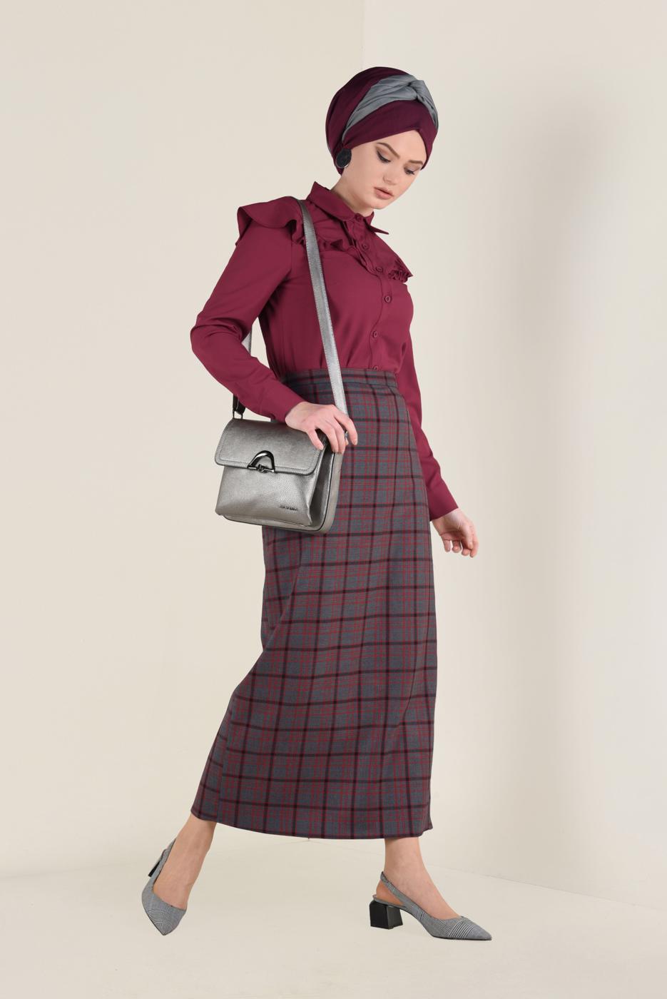 Tesettür giyim SİYAH EKOSE DESENLİ YÜKSEK BEL ETEK 6297