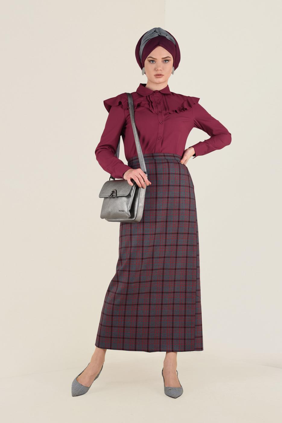 Tesettür giyim SİYAH EKOSE DESENLİ YÜKSEK BEL ETEK 6297