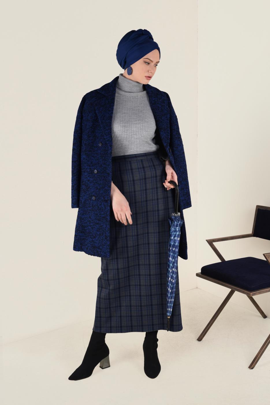 Tesettür giyim GRİ EKOSE DESENLİ YÜKSEK BEL ETEK 6297