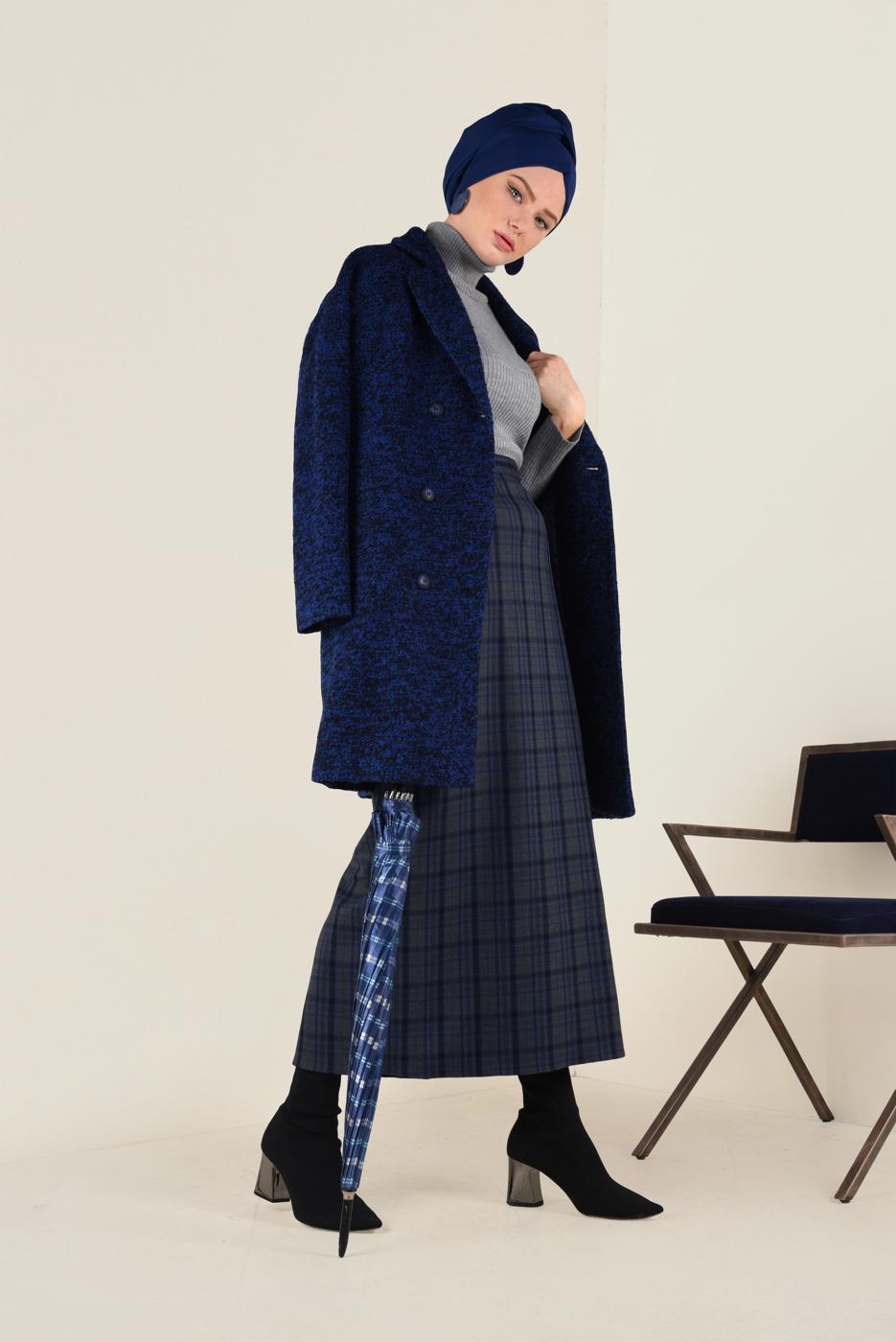 Tesettür giyim GRİ EKOSE DESENLİ YÜKSEK BEL ETEK 6297