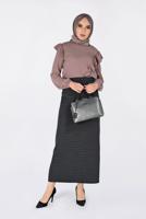 Tesettür giyim GRİ KARELİ GİZLİ YIRTMAÇLI ETEK 6299 