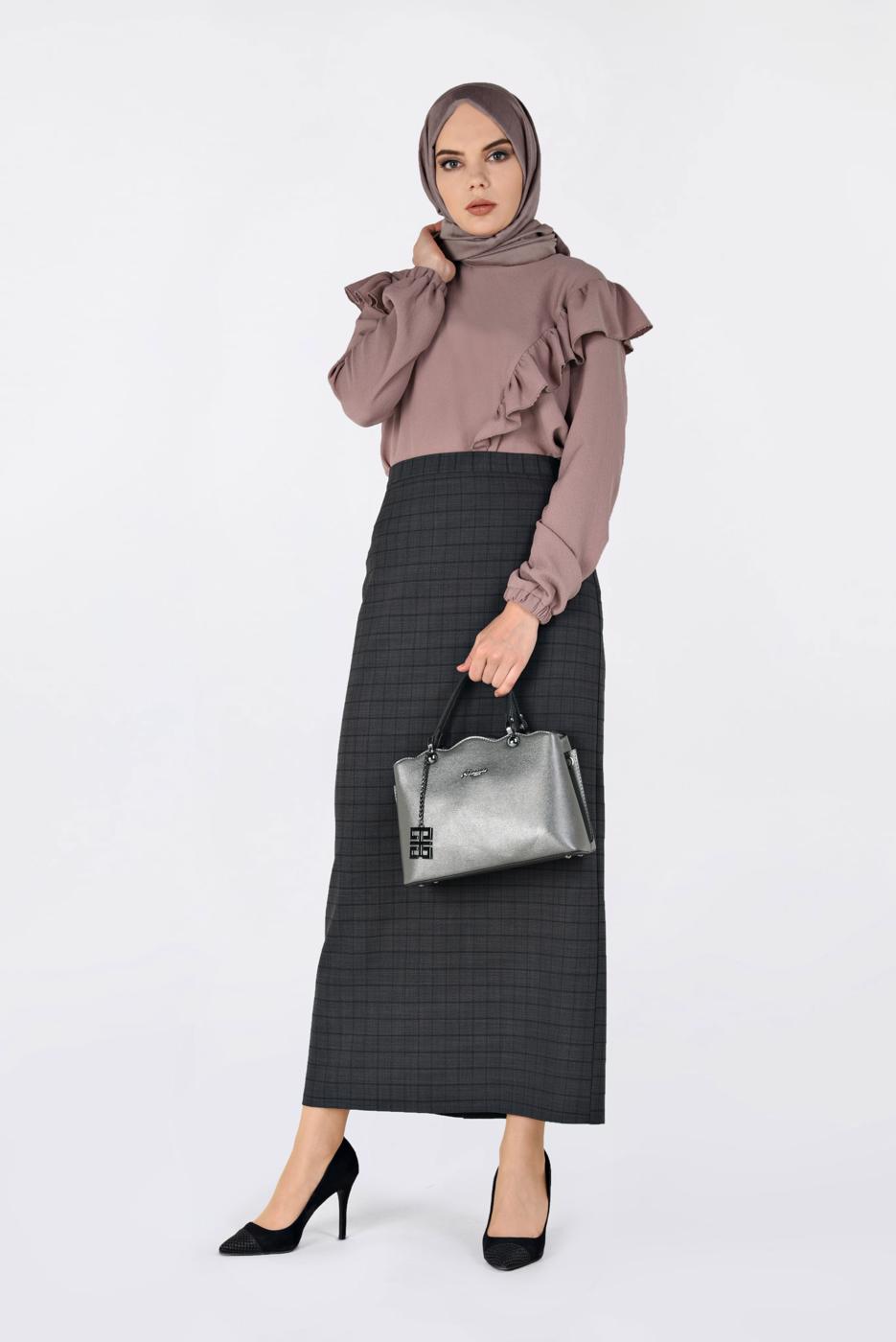 Tesettür giyim GRİ KARELİ GİZLİ YIRTMAÇLI ETEK 6299 