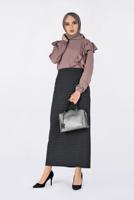 Tesettür giyim GRİ KARELİ GİZLİ YIRTMAÇLI ETEK 6299 