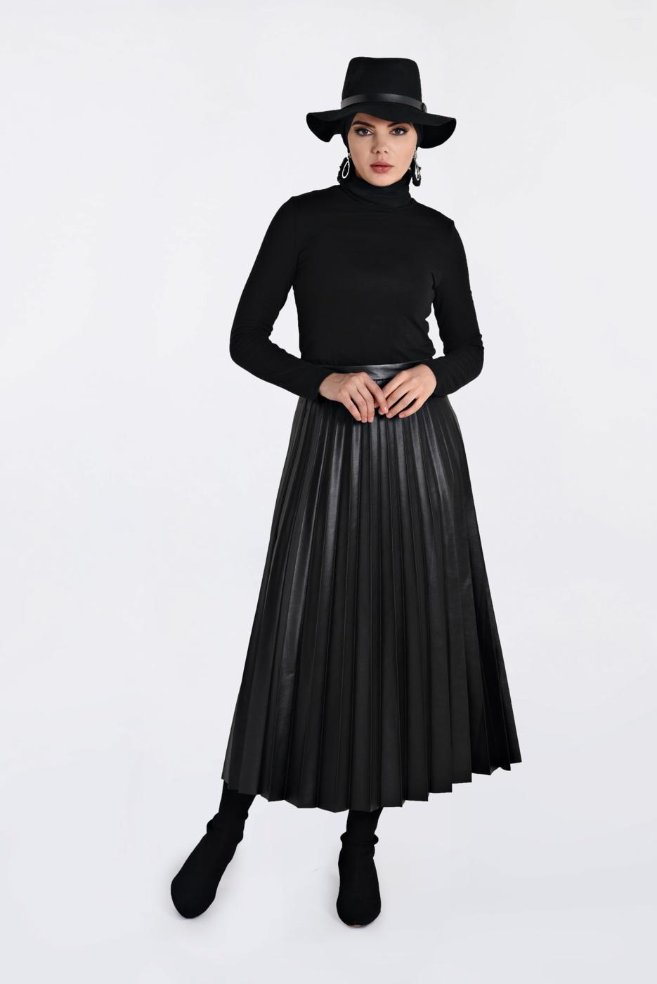 Tesettür giyim SİYAH YÜKSEK BEL PİLİSELİ DERİ ETEK 6301