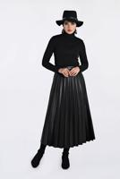 Tesettür giyim SİYAH YÜKSEK BEL PİLİSELİ DERİ ETEK 6301