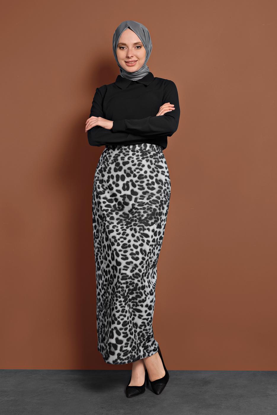Tesettür giyim GRİ LEOPAR DESENLİ ETEK T 6316
