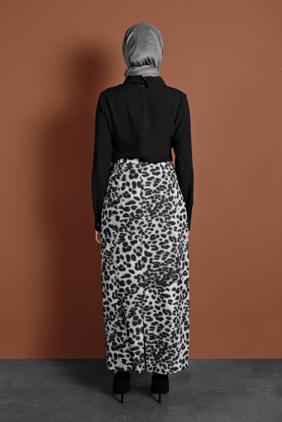Tesettür giyim GRİ LEOPAR DESENLİ ETEK T 6316
