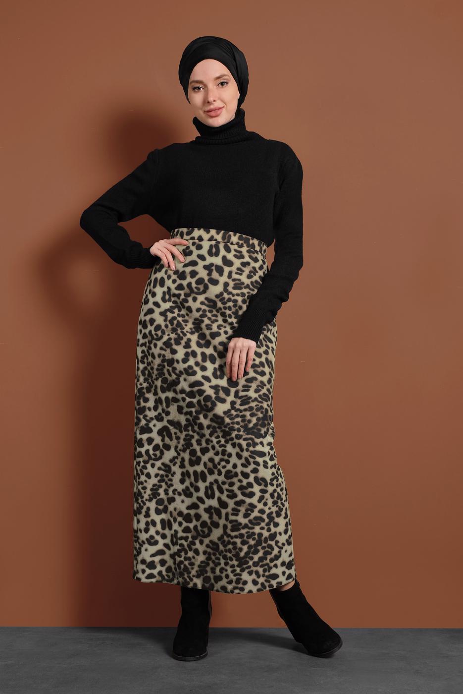 Tesettür giyim VİZON LEOPAR DESENLİ ETEK T 6316