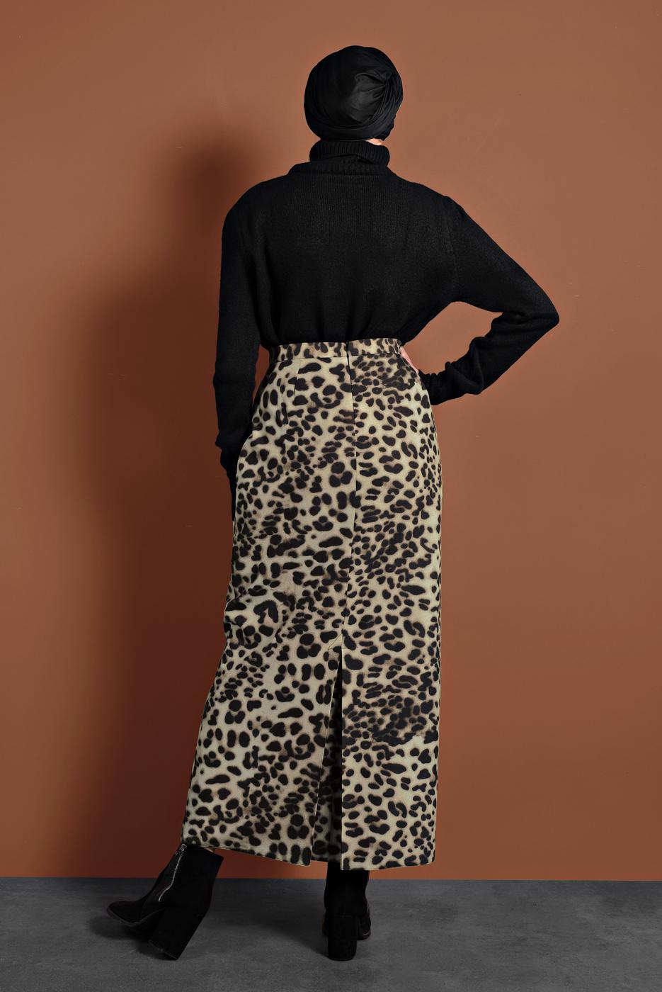 Tesettür giyim VİZON LEOPAR DESENLİ ETEK T 6316