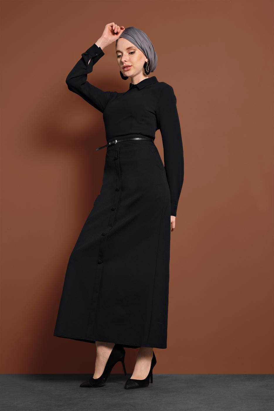 Tesettür giyim SİYAH DÜĞME DETAYLI KLASİK KESİM ETEK T 6319