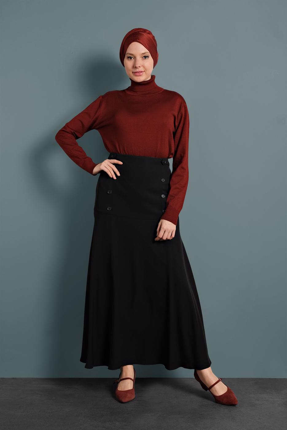 Tesettür giyim SİYAH ALVİNA VOLANLI DÜĞMELİ ETEK 6375