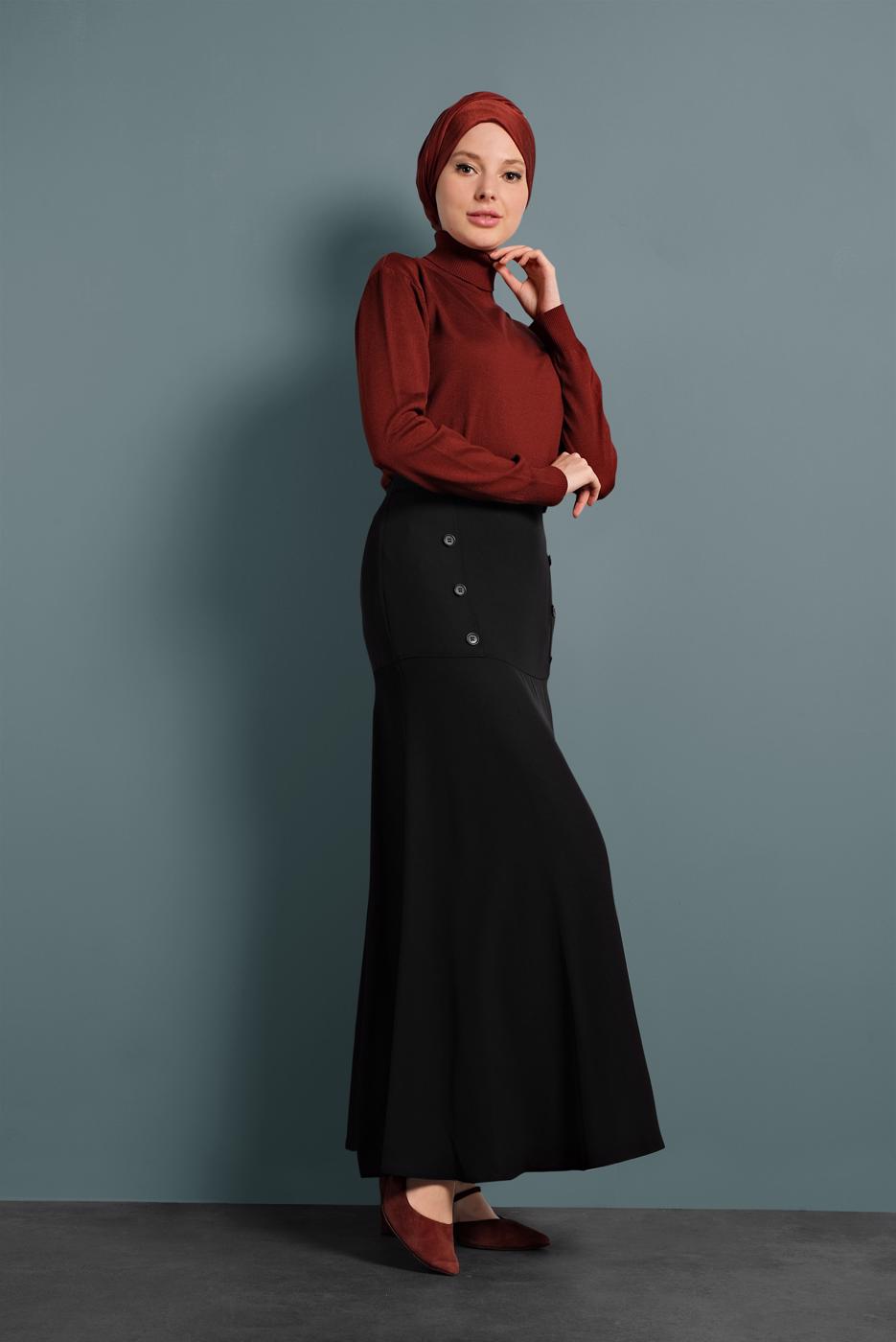 Tesettür giyim SİYAH ALVİNA VOLANLI DÜĞMELİ ETEK 6375