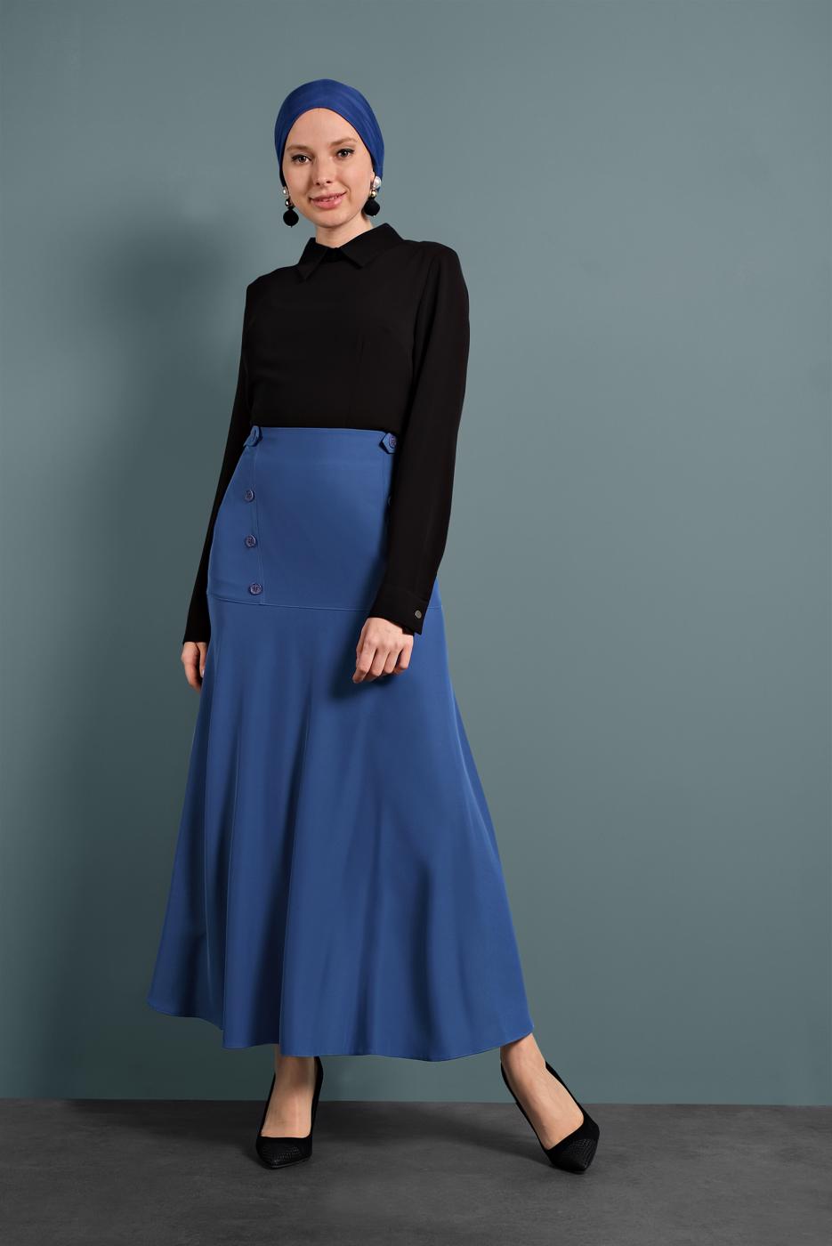 Tesettür giyim LACİVERT ALVİNA VOLANLI DÜĞMELİ ETEK 6375