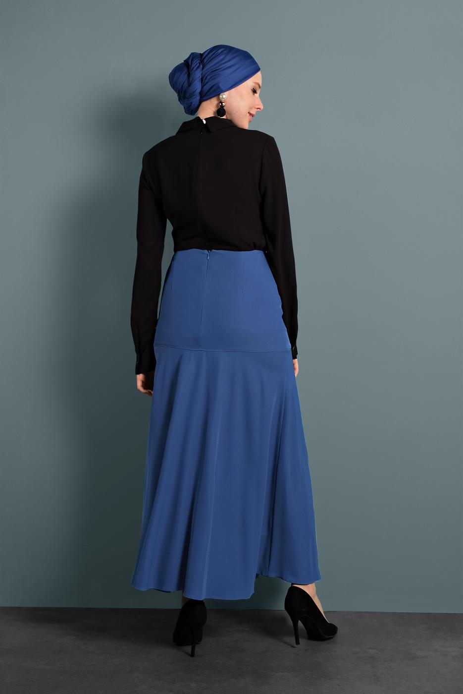 Tesettür giyim LACİVERT ALVİNA VOLANLI DÜĞMELİ ETEK 6375