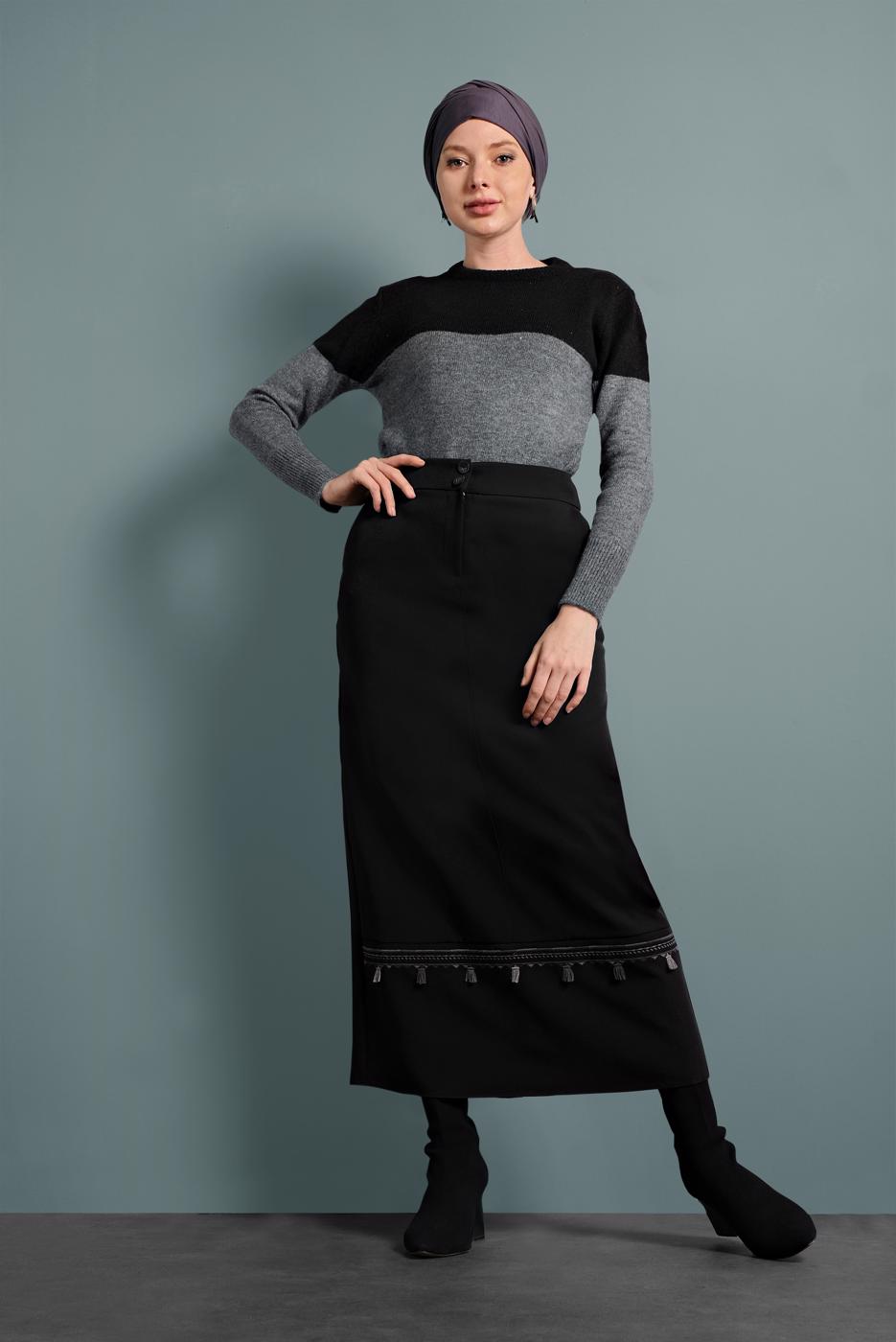 Tesettür giyim SİYAH ALVİNA NAKIŞLI PÜSKÜLLÜ ETEK 6381 