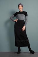Tesettür giyim SİYAH ALVİNA NAKIŞLI PÜSKÜLLÜ ETEK 6381 