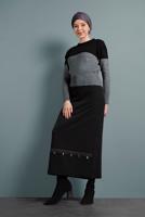 Tesettür giyim SİYAH ALVİNA NAKIŞLI PÜSKÜLLÜ ETEK 6381 