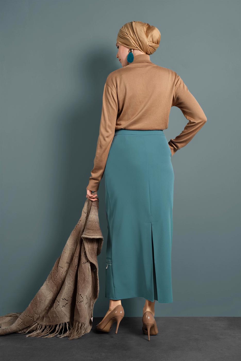 Tesettür giyim MAVİ ALVİNA NAKIŞLI PÜSKÜLLÜ ETEK 6381 