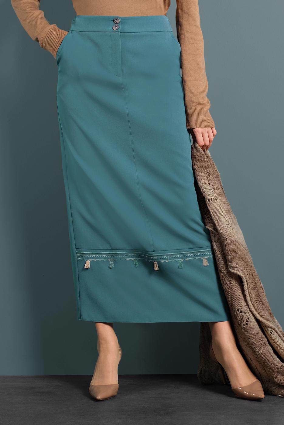 Tesettür giyim MAVİ ALVİNA NAKIŞLI PÜSKÜLLÜ ETEK 6381 