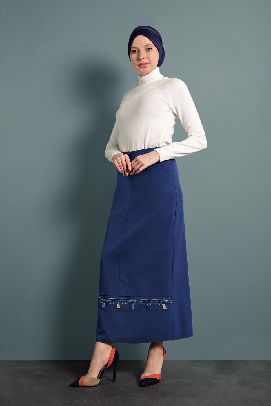 Tesettür giyim LACİVERT ALVİNA NAKIŞLI PÜSKÜLLÜ ETEK 6381 