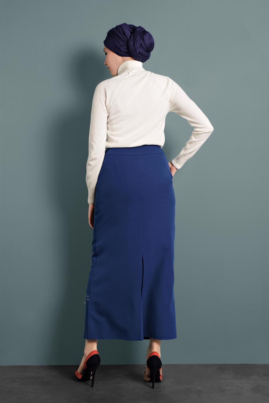 Tesettür giyim LACİVERT ALVİNA NAKIŞLI PÜSKÜLLÜ ETEK 6381 