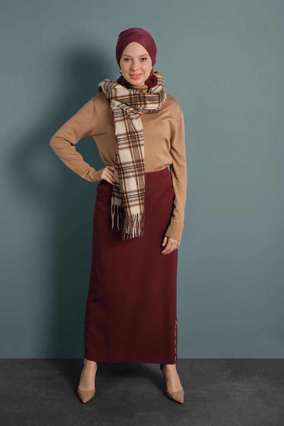 Tesettür giyim BORDO ETEKUCU FERMUAR DETAYLI ETEK 6382