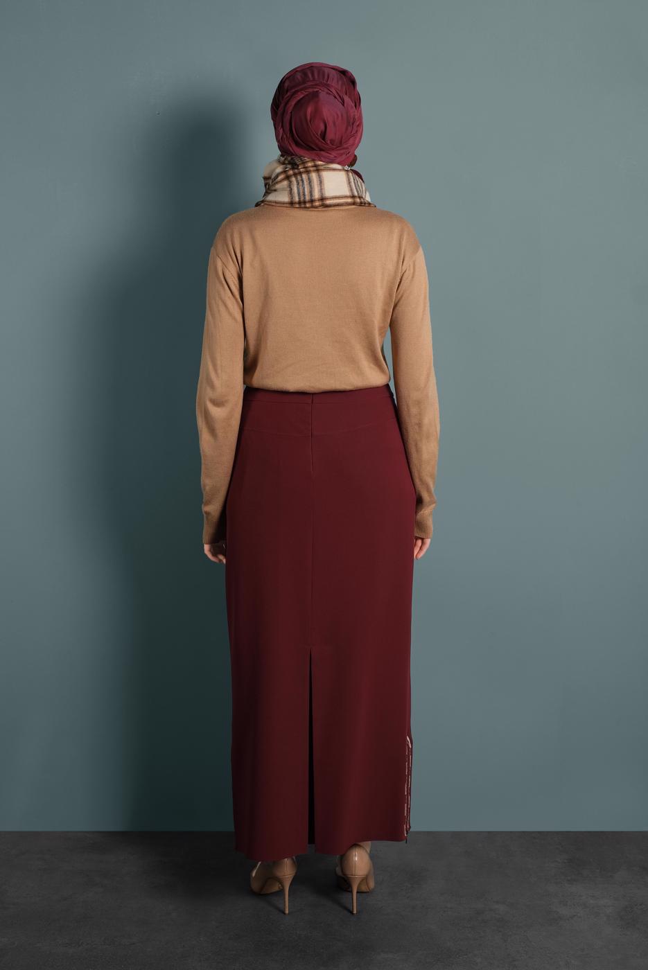 Tesettür giyim BORDO ETEKUCU FERMUAR DETAYLI ETEK 6382
