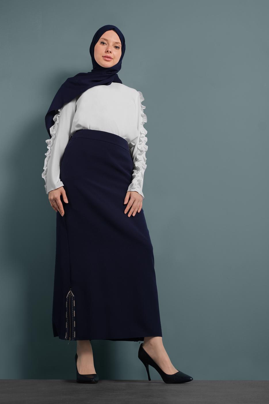 Tesettür giyim LACİVERT ETEKUCU FERMUAR DETAYLI ETEK 6382